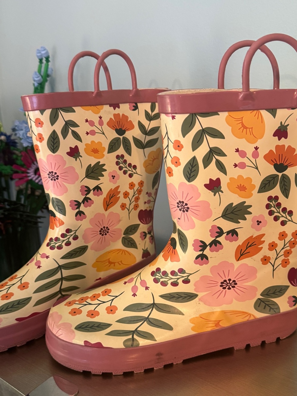 Hudson Baby Cream Floral Rain Boots with Pink Trim 0220